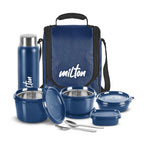 MILTON Pro Lunch Box, 3 Microwave Safe Inner Steel Containers (180 ml, 320 ml, 450 ml), Plastic Chutney Dabba (100 ml), Steel Bottle (750 ml)  Blue