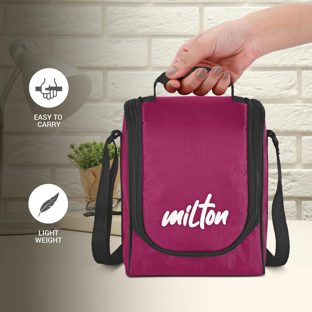 MILTON Pro Lunch Box, 3 Microwave Safe Inner Steel Containers (180 ml, 320 ml, 450 ml), Plastic Chutney Dabba (100 ml), Steel Bottle (750 ml) Maroon