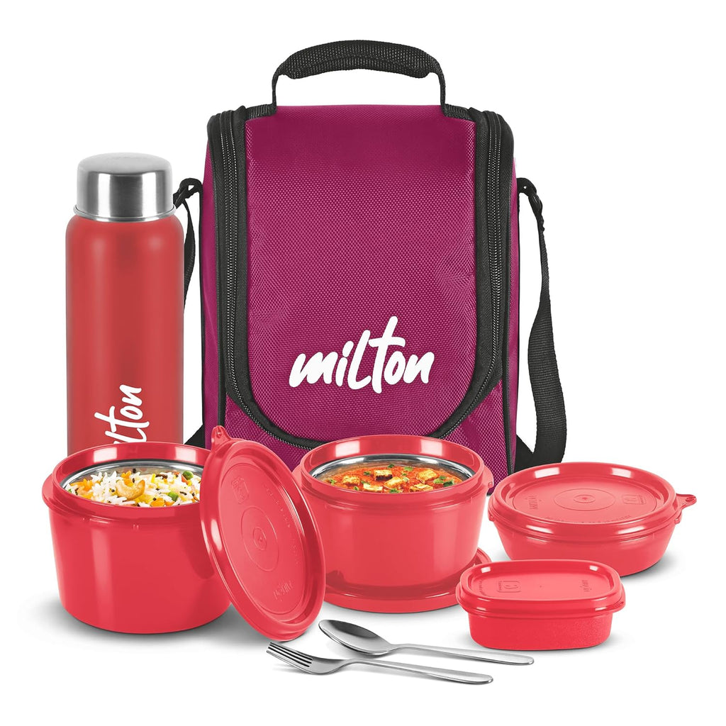 MILTON Pro Lunch Box, 3 Microwave Safe Inner Steel Containers (180 ml, 320 ml, 450 ml), Plastic Chutney Dabba (100 ml), Steel Bottle (750 ml) Maroon