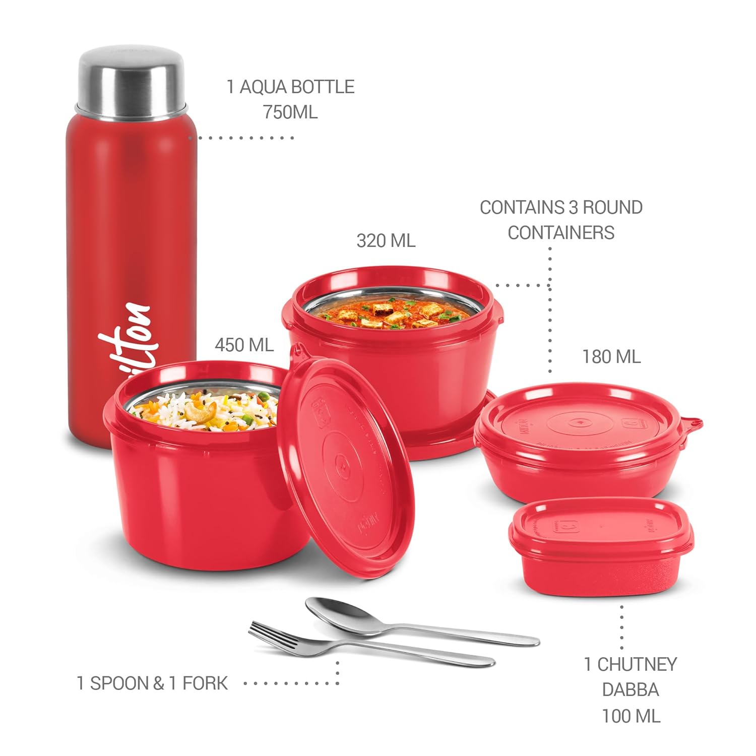 MILTON Pro Lunch Box, 3 Microwave Safe Inner Steel Containers (180 ml, 320 ml, 450 ml), Plastic Chutney Dabba (100 ml), Steel Bottle (750 ml) Maroon