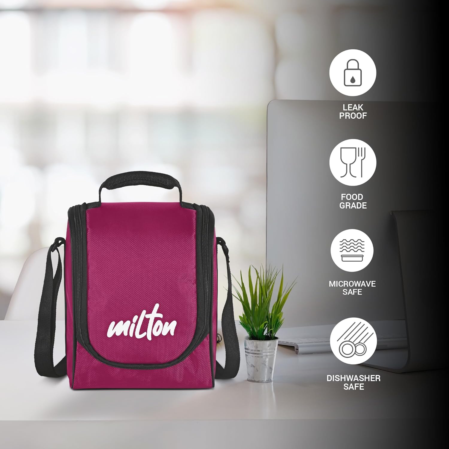 MILTON Pro Lunch Box, 3 Microwave Safe Inner Steel Containers (180 ml, 320 ml, 450 ml), Plastic Chutney Dabba (100 ml), Steel Bottle (750 ml) Maroon
