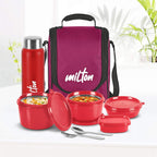 MILTON Pro Lunch Box, 3 Microwave Safe Inner Steel Containers (180 ml, 320 ml, 450 ml), Plastic Chutney Dabba (100 ml), Steel Bottle (750 ml) Maroon