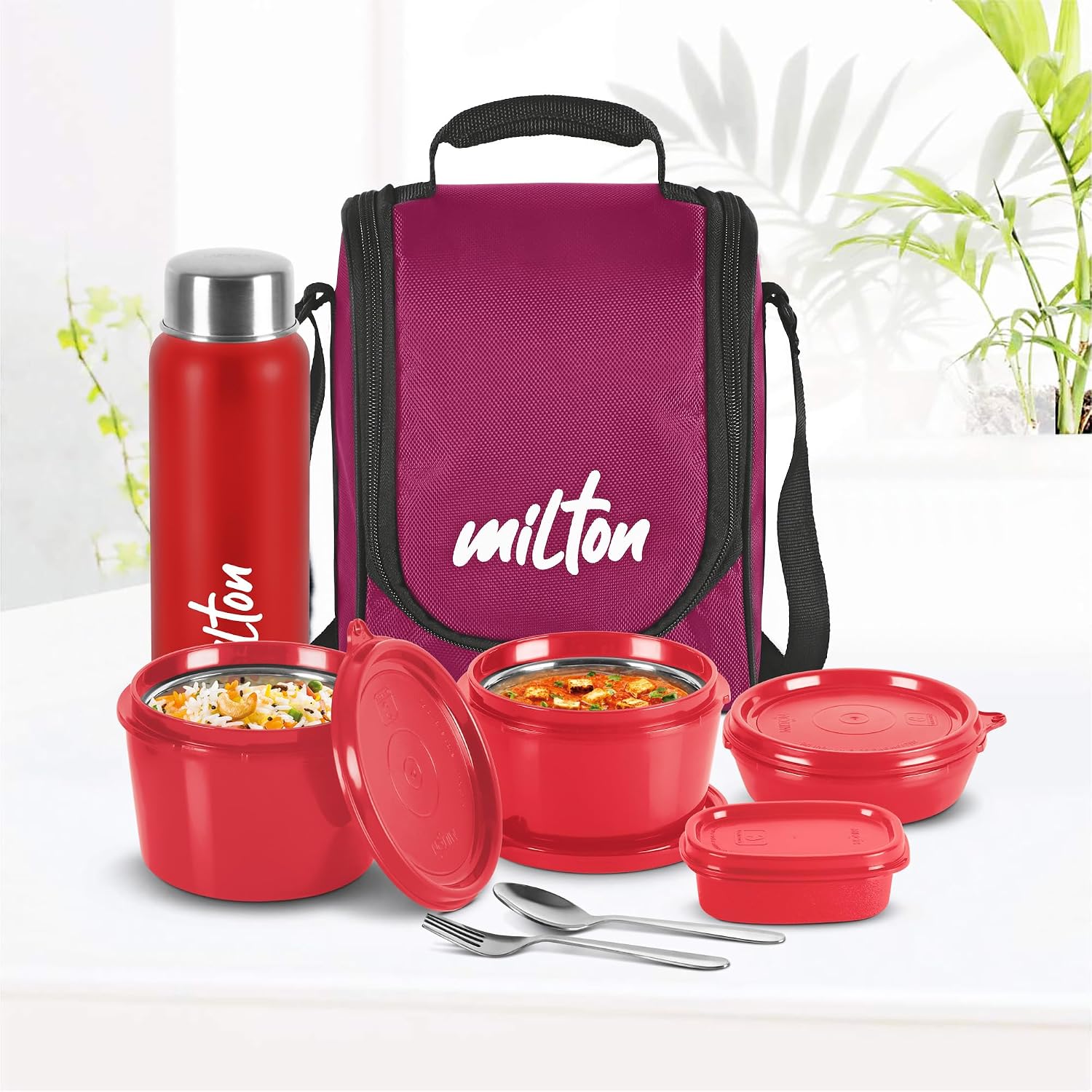 MILTON Pro Lunch Box, 3 Microwave Safe Inner Steel Containers (180 ml, 320 ml, 450 ml), Plastic Chutney Dabba (100 ml), Steel Bottle (750 ml) Maroon