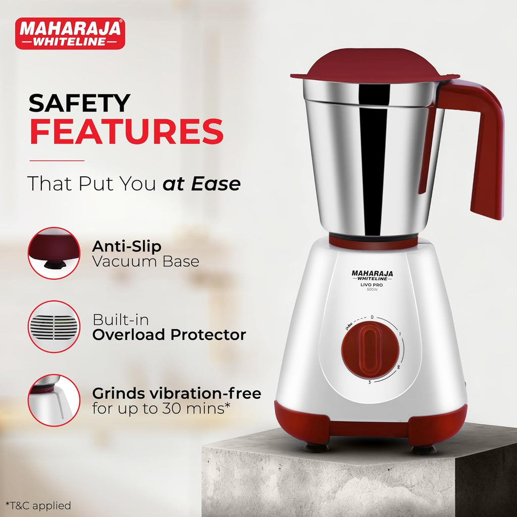 Maharaja Whiteline 500W Livo Pro Mixer Grinder with 3 Stainless Steel Jars