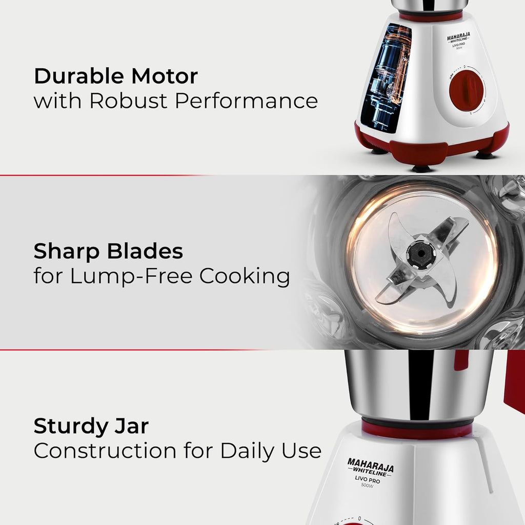 Maharaja Whiteline 500W Livo Pro Mixer Grinder with 3 Stainless Steel Jars