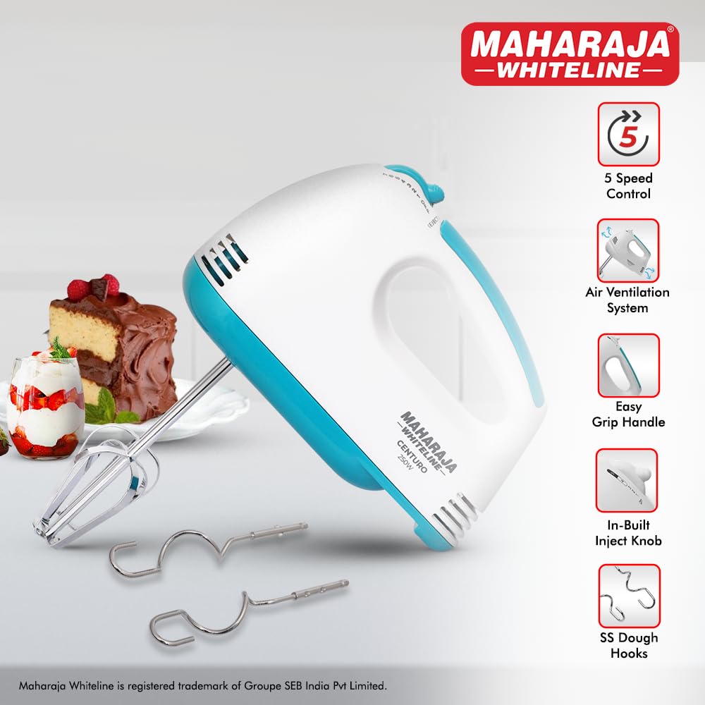 Maharaja Whiteline Centuro Hand Mixer with SS Dough Hooks and Chrome Plated Beater Attachment, 250W, 2 Years Warranty (White)