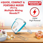 Maharaja Whiteline Centuro Hand Mixer with SS Dough Hooks and Chrome Plated Beater Attachment, 250W, 2 Years Warranty (White)