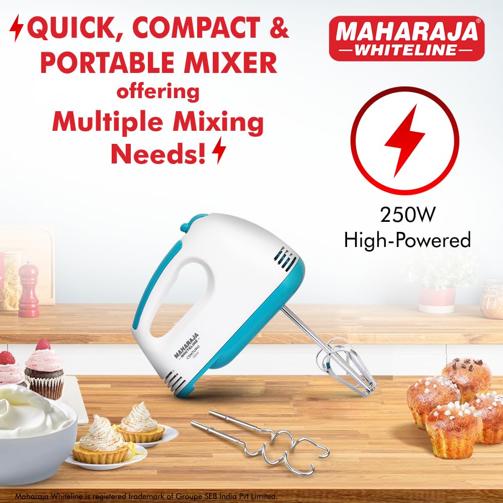 Maharaja Whiteline Centuro Hand Mixer with SS Dough Hooks and Chrome Plated Beater Attachment, 250W, 2 Years Warranty (White)