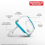 Maharaja Whiteline Centuro Hand Mixer with SS Dough Hooks and Chrome Plated Beater Attachment, 250W, 2 Years Warranty (White)