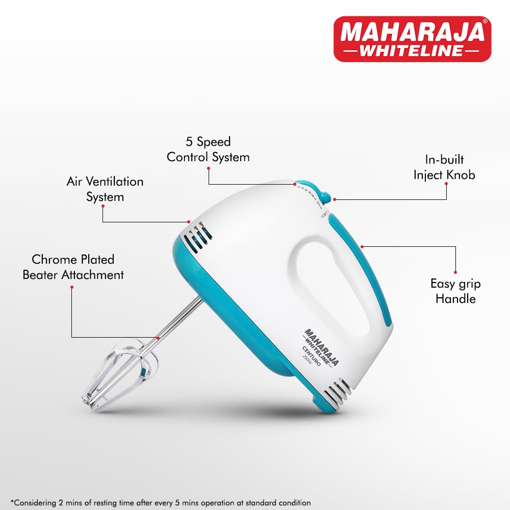 Maharaja Whiteline Centuro Hand Mixer with SS Dough Hooks and Chrome Plated Beater Attachment, 250W, 2 Years Warranty (White)