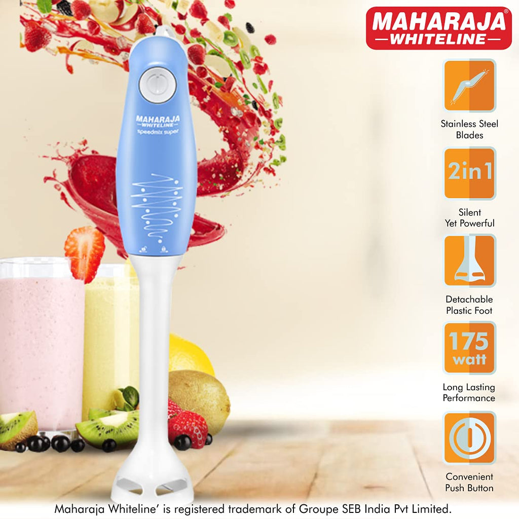 Maharaja Whiteline Hb-129 175 Watt Hand Blender, Stainless Steel Blades, Long Lasting Performance With 175W Motor (Blue And White)