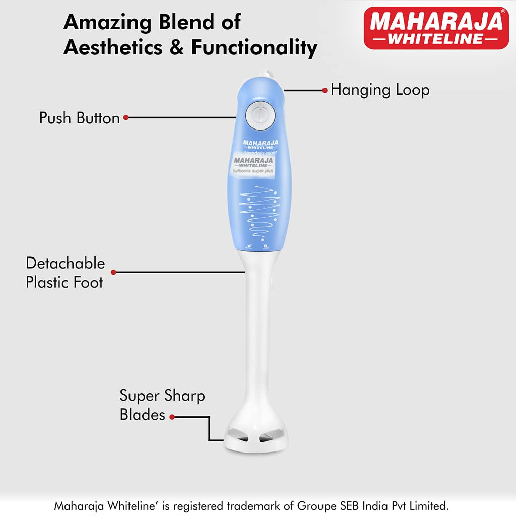 Maharaja Whiteline Hb-129 175 Watt Hand Blender, Stainless Steel Blades, Long Lasting Performance With 175W Motor (Blue And White)