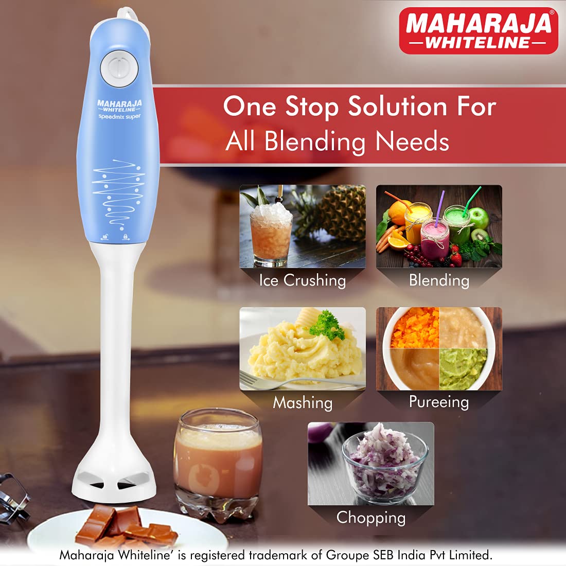 Maharaja Whiteline Hb-129 175 Watt Hand Blender, Stainless Steel Blades, Long Lasting Performance With 175W Motor (Blue And White)