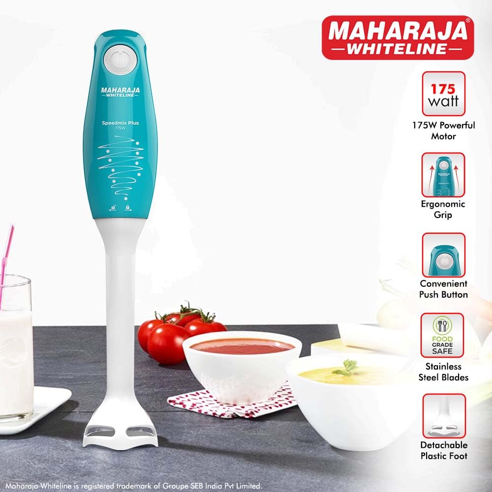 Maharaja Whiteline Speedmix Plus Hand Blender with Stainless Steel Blades | Long Lasting Performance with 175 Watts Motor | Detachable Plastic Foot | 2 Year warranty (Turquoise Blue & White)