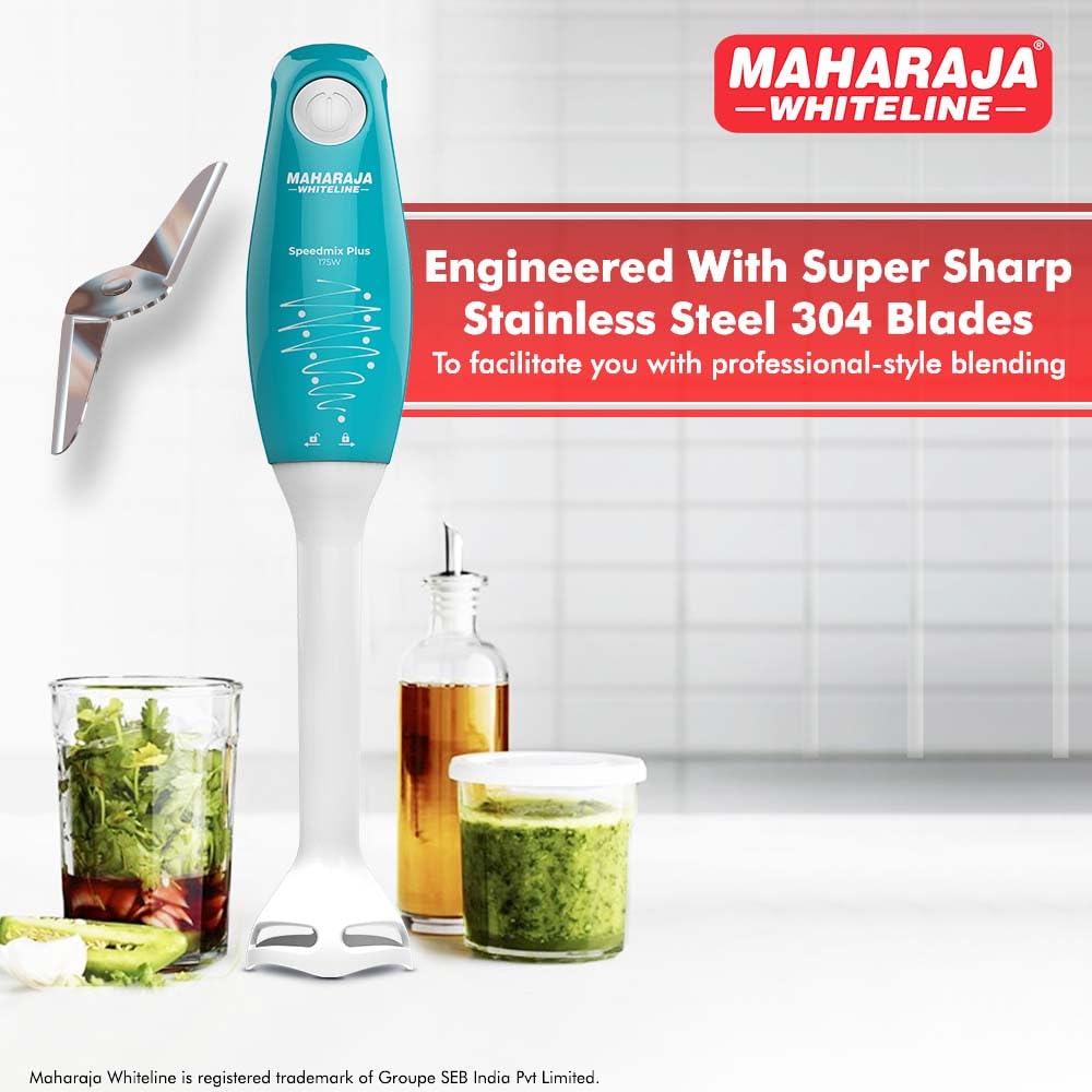 Maharaja Whiteline Speedmix Plus Hand Blender with Stainless Steel Blades | Long Lasting Performance with 175 Watts Motor | Detachable Plastic Foot | 2 Year warranty (Turquoise Blue & White)