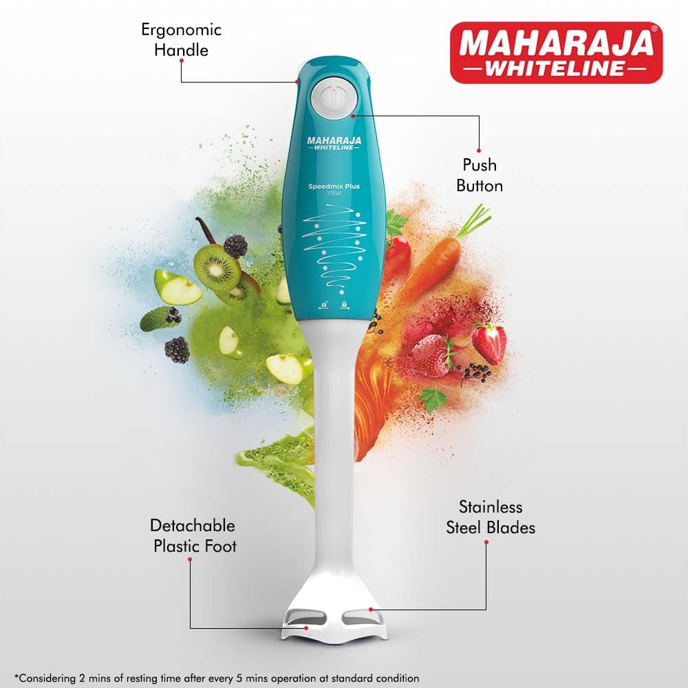 Maharaja Whiteline Speedmix Plus Hand Blender with Stainless Steel Blades | Long Lasting Performance with 175 Watts Motor | Detachable Plastic Foot | 2 Year warranty (Turquoise Blue & White)
