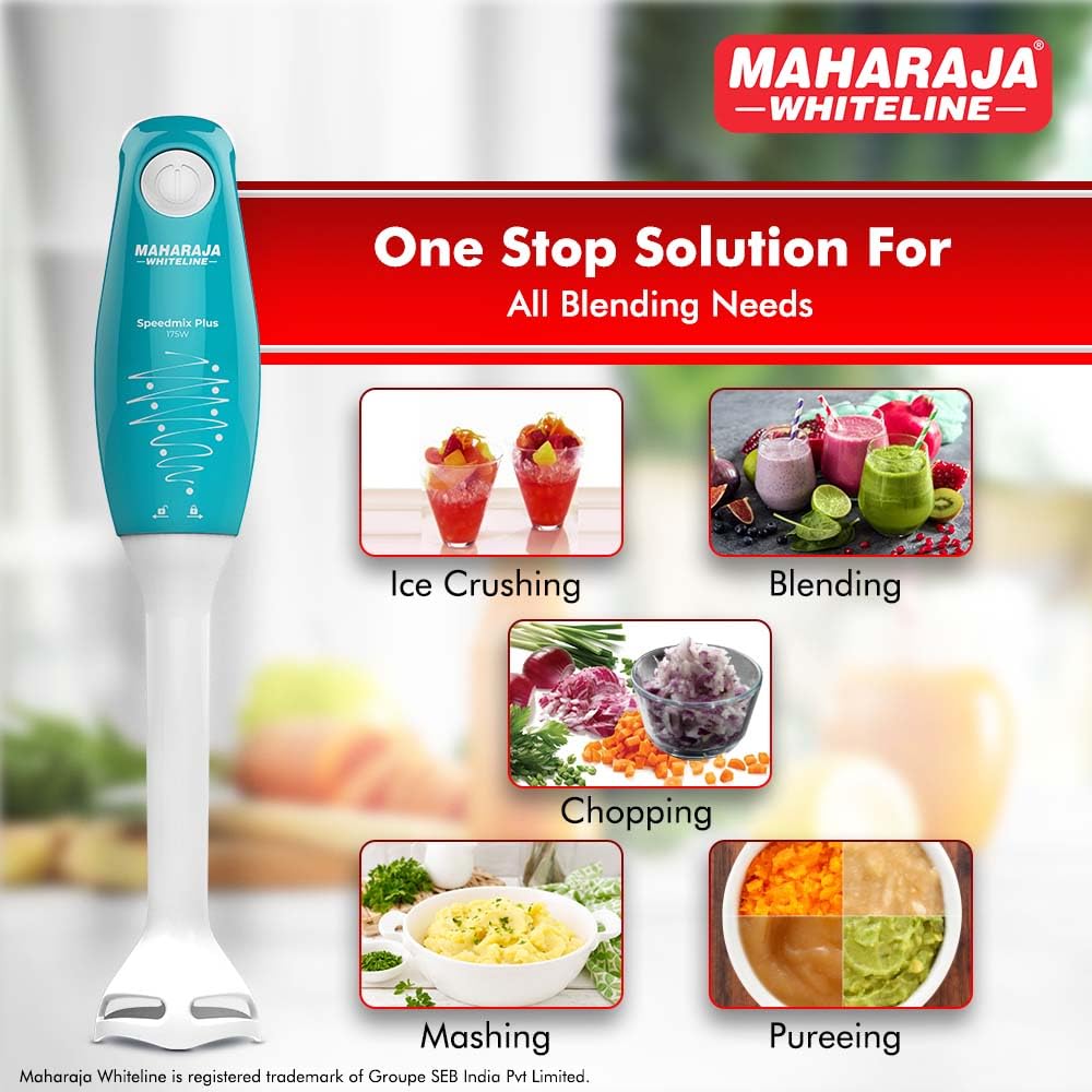 Maharaja Whiteline Speedmix Plus Hand Blender with Stainless Steel Blades | Long Lasting Performance with 175 Watts Motor | Detachable Plastic Foot | 2 Year warranty (Turquoise Blue & White)
