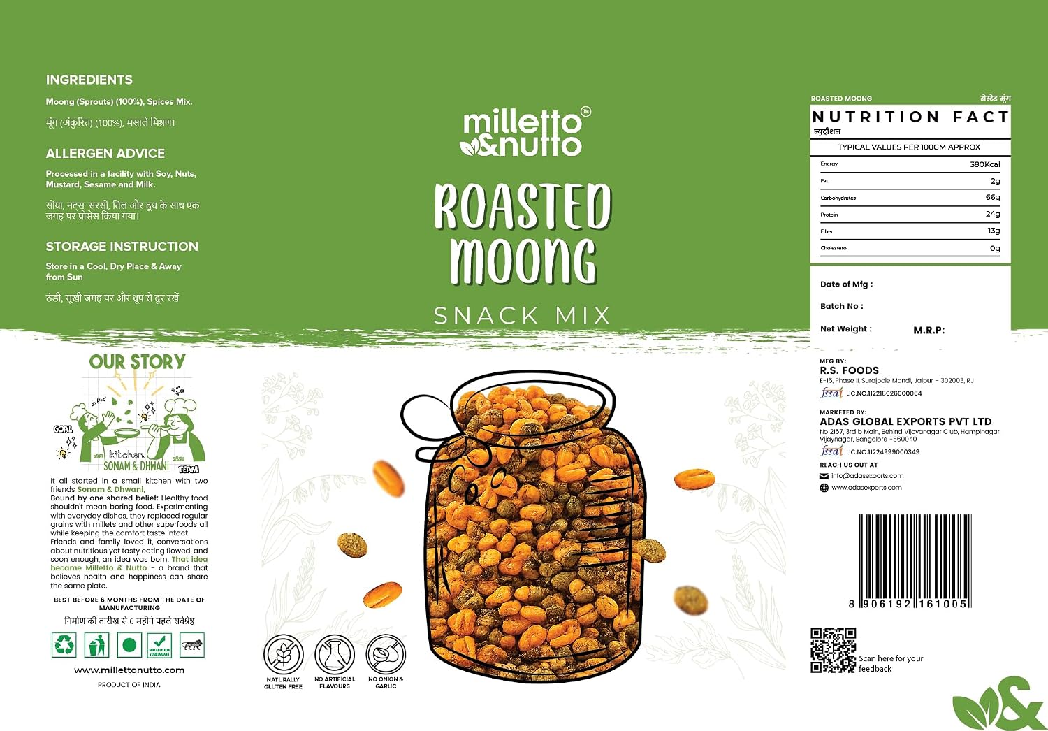 Milletto & Nutto Roasted Moong Dal Snack Mix 130g