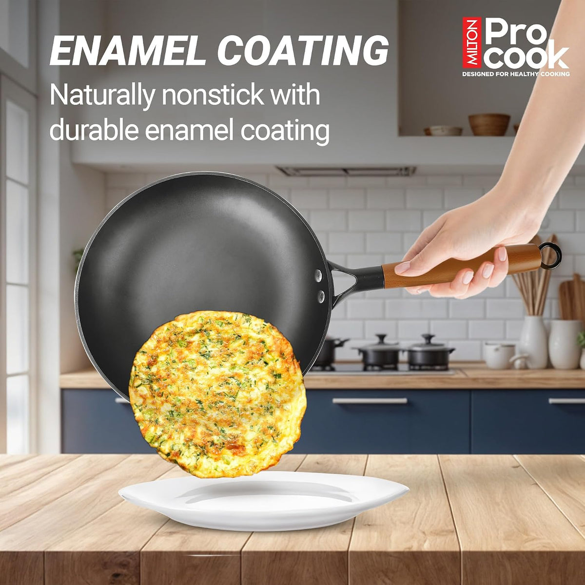 Milton Pro Cook Induction Cookware & Gas Stove Friendly Cast Iron Fry Pan 26cm | Omelette Pan | Fish Fry Pan | Wooden Handle | PFOA Free | Scratch Resistant | Even Heat Cooking | Dishwasher Safe | Red