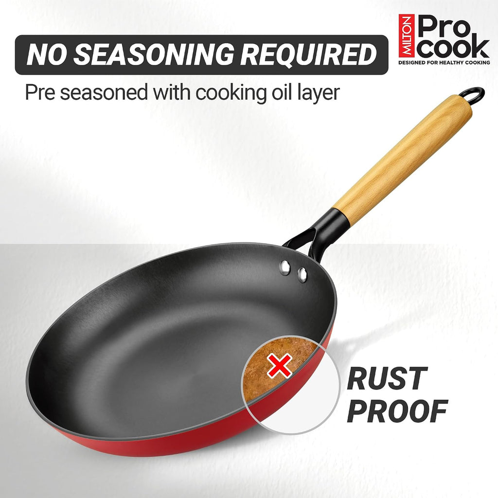 Milton Pro Cook Induction Cookware & Gas Stove Friendly Cast Iron Fry Pan 26cm | Omelette Pan | Fish Fry Pan | Wooden Handle | PFOA Free | Scratch Resistant | Even Heat Cooking | Dishwasher Safe | Red