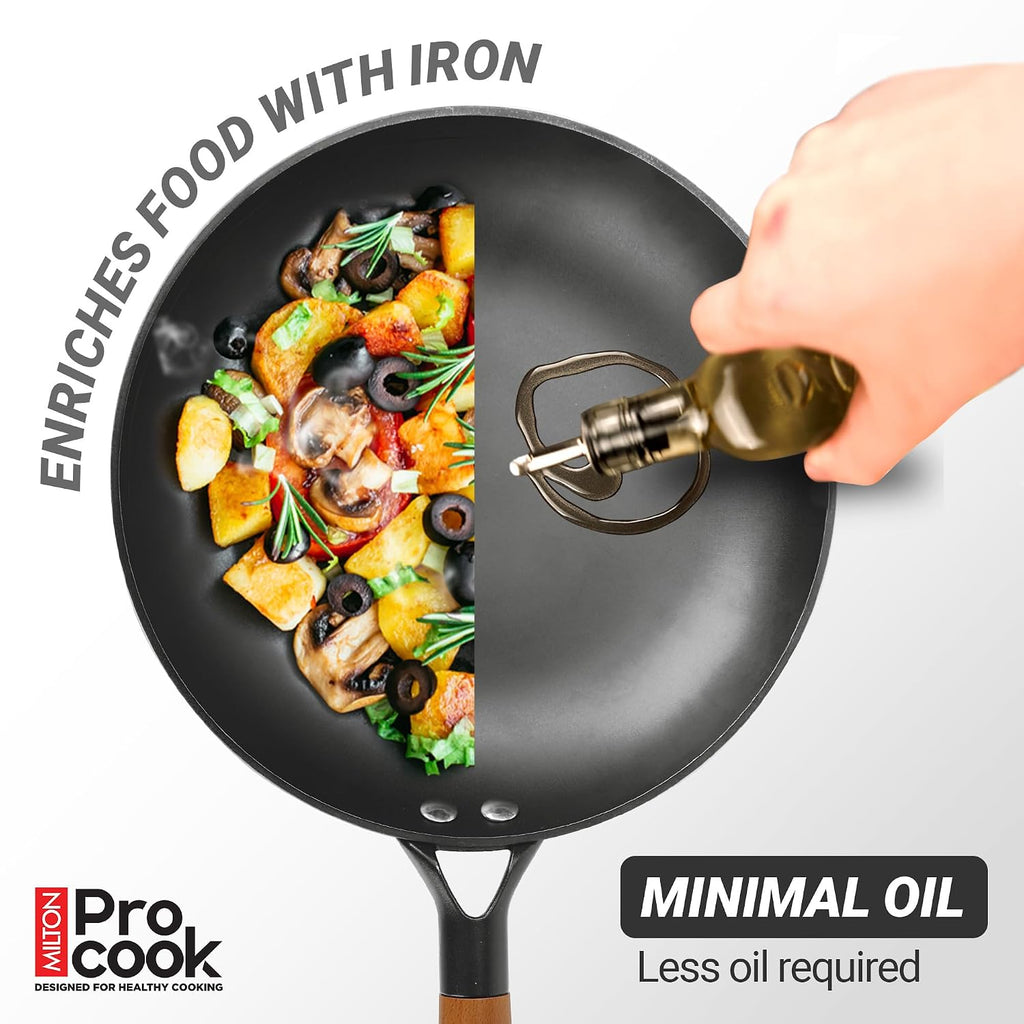Milton Pro Cook Induction Cookware & Gas Stove Friendly Cast Iron Fry Pan 26cm | Omelette Pan | Fish Fry Pan | Wooden Handle | PFOA Free | Scratch Resistant | Even Heat Cooking | Dishwasher Safe | Red