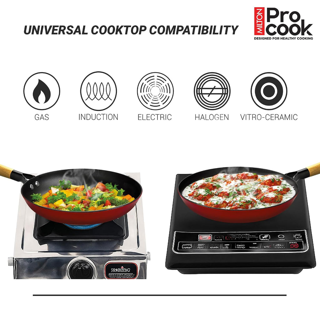 Milton Pro Cook Induction Cookware & Gas Stove Friendly Cast Iron Fry Pan 26cm | Omelette Pan | Fish Fry Pan | Wooden Handle | PFOA Free | Scratch Resistant | Even Heat Cooking | Dishwasher Safe | Red