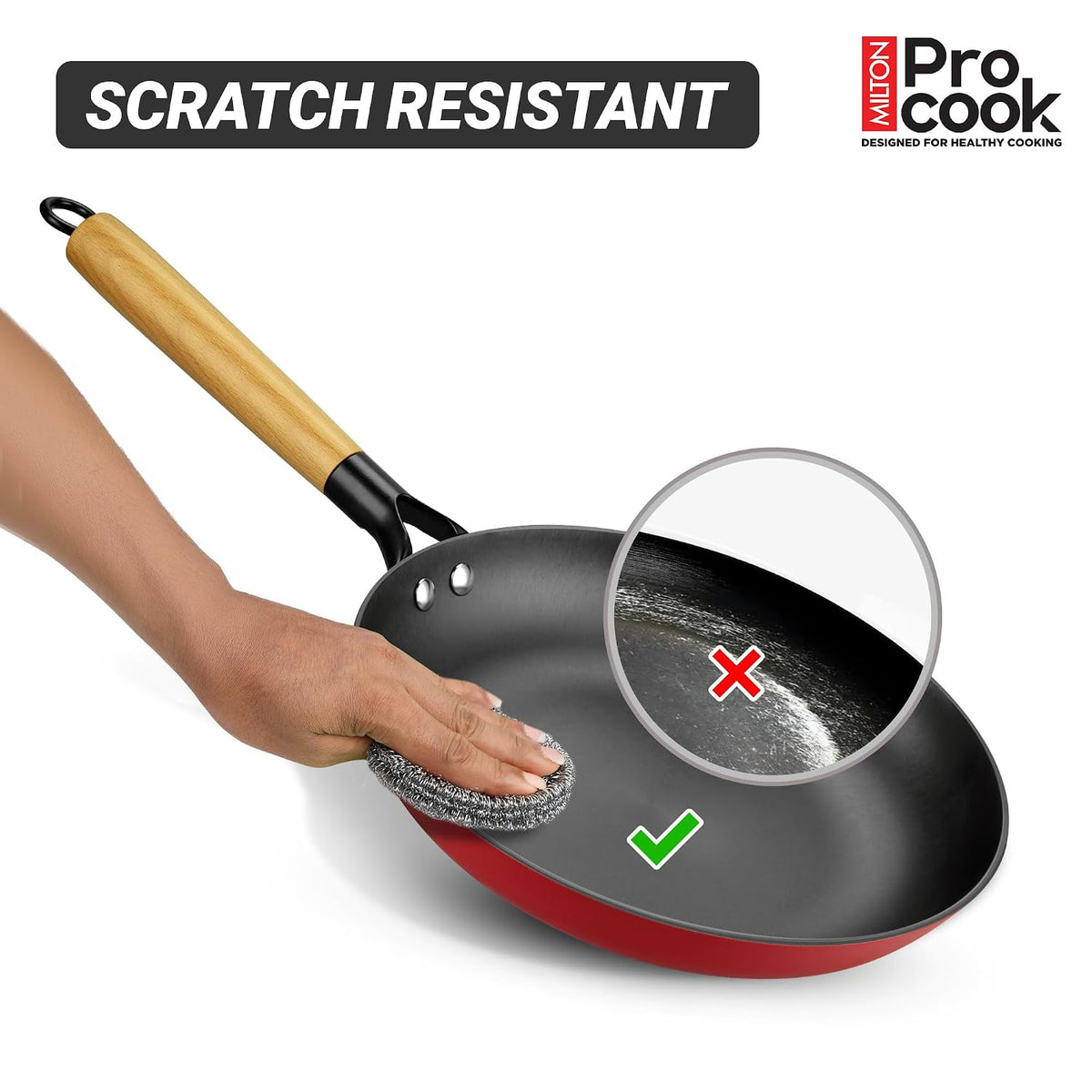 Milton Pro Cook Induction Cookware & Gas Stove Friendly Cast Iron Fry Pan 26cm | Omelette Pan | Fish Fry Pan | Wooden Handle | PFOA Free | Scratch Resistant | Even Heat Cooking | Dishwasher Safe | Red