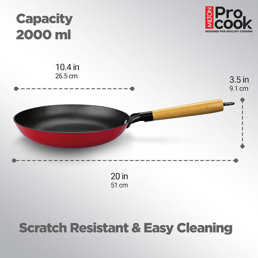 Milton Pro Cook Induction Cookware & Gas Stove Friendly Cast Iron Fry Pan 26cm | Omelette Pan | Fish Fry Pan | Wooden Handle | PFOA Free | Scratch Resistant | Even Heat Cooking | Dishwasher Safe | Red