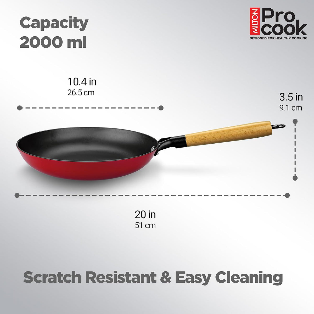 Milton Pro Cook Induction Cookware & Gas Stove Friendly Cast Iron Fry Pan 26cm | Omelette Pan | Fish Fry Pan | Wooden Handle | PFOA Free | Scratch Resistant | Even Heat Cooking | Dishwasher Safe | Red