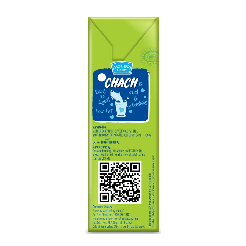 Mother Dairy Spiced Buttermilk, Masala Chach, 180ml Carton.