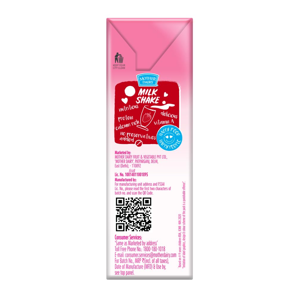 Mother Dairy Strawberry Milkshake, 180ml.