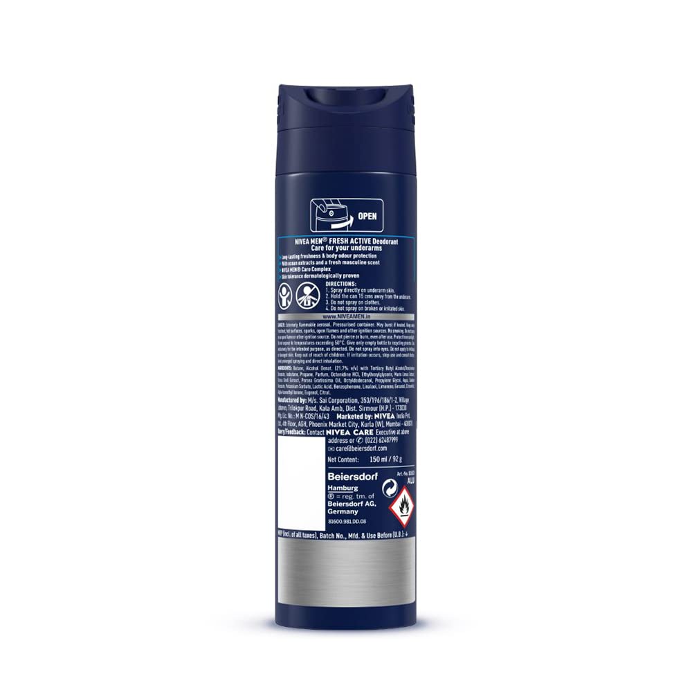 NIVEA MEN Fresh Active Original Spray Deodorant For Men, 150Ml (Pack Of 2)