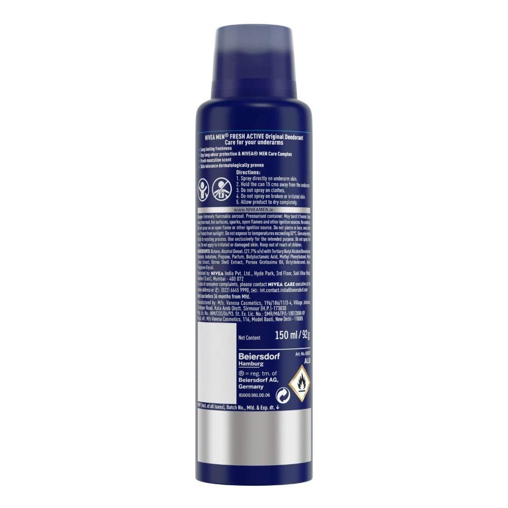 NIVEA MEN Fresh Active Original Spray Deodorant For Men, 150Ml (Pack Of 2)