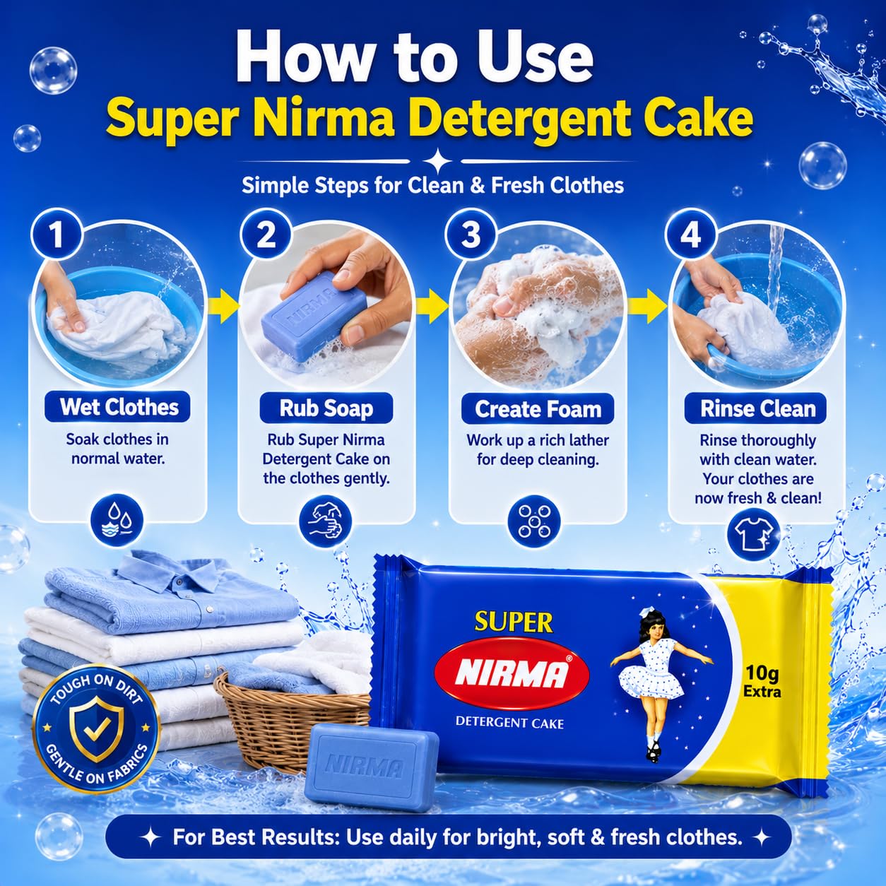 Nirma Super Detergent Cake Soap Bar 250 gm (Pack of 4)