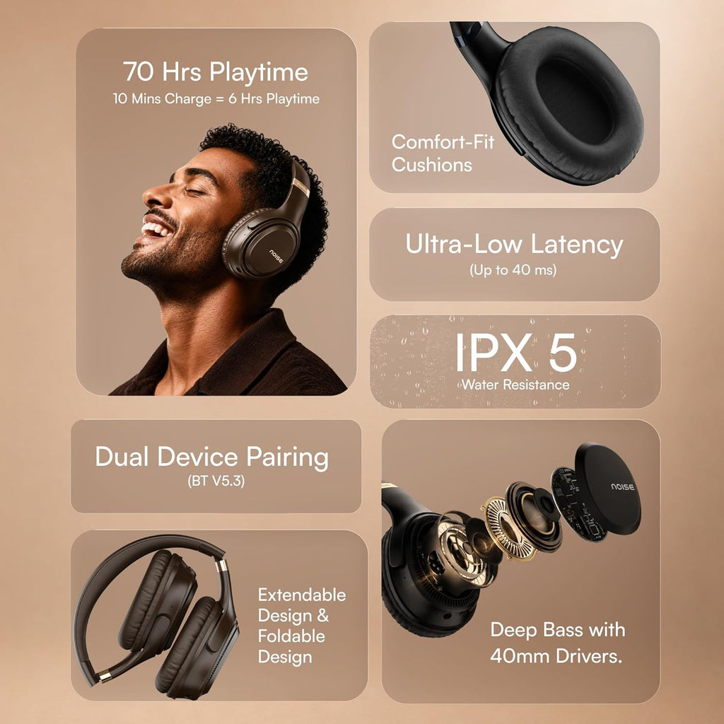 Noise Airwave Max 3 Bluetooth On Ear Headphones with 70H Playtime, 40mm Driver, Low Latency(up to 45ms),Dual Pairing, BT v5.3 (Dark Brown)
