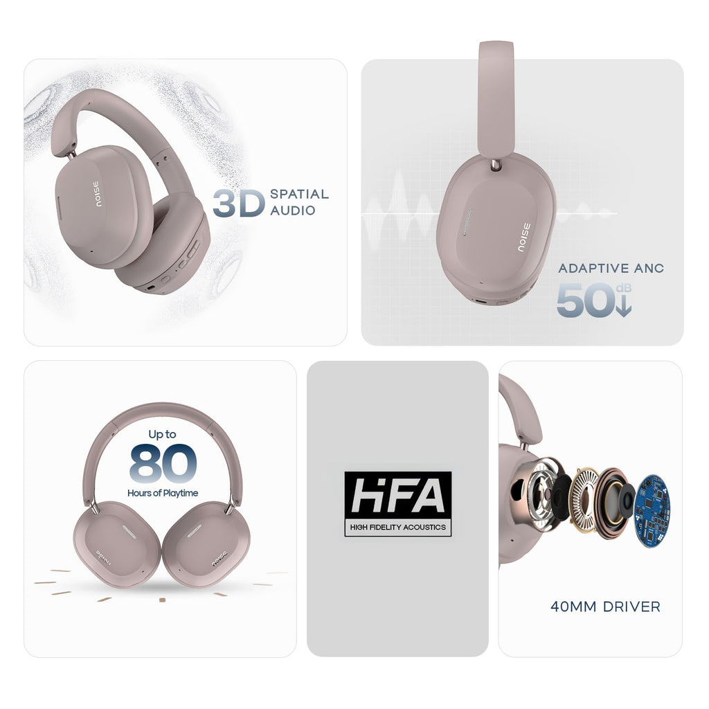 Noise Airwave Max 5 Wireless Over-Ear Headphones with Adaptive Hybrid ANC (up to 50dB), HFA Tech, 80H Playtime, Dual Pairing(Mauve Haze)