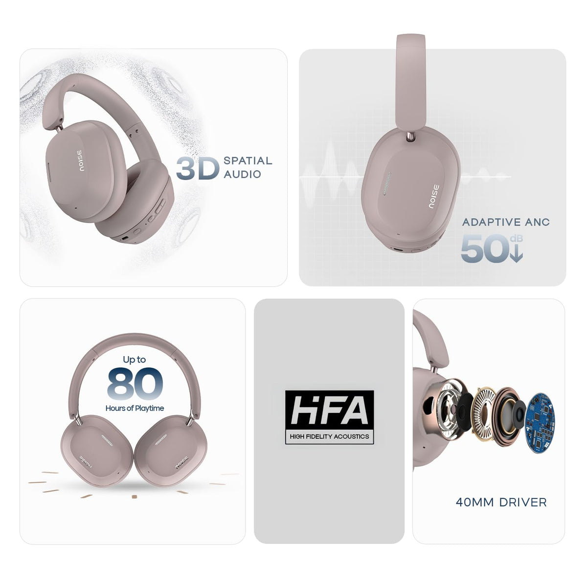 Noise Airwave Max 5 Wireless Over-Ear Headphones with Adaptive Hybrid ANC (up to 50dB), HFA Tech, 80H Playtime, Dual Pairing(Mauve Haze)