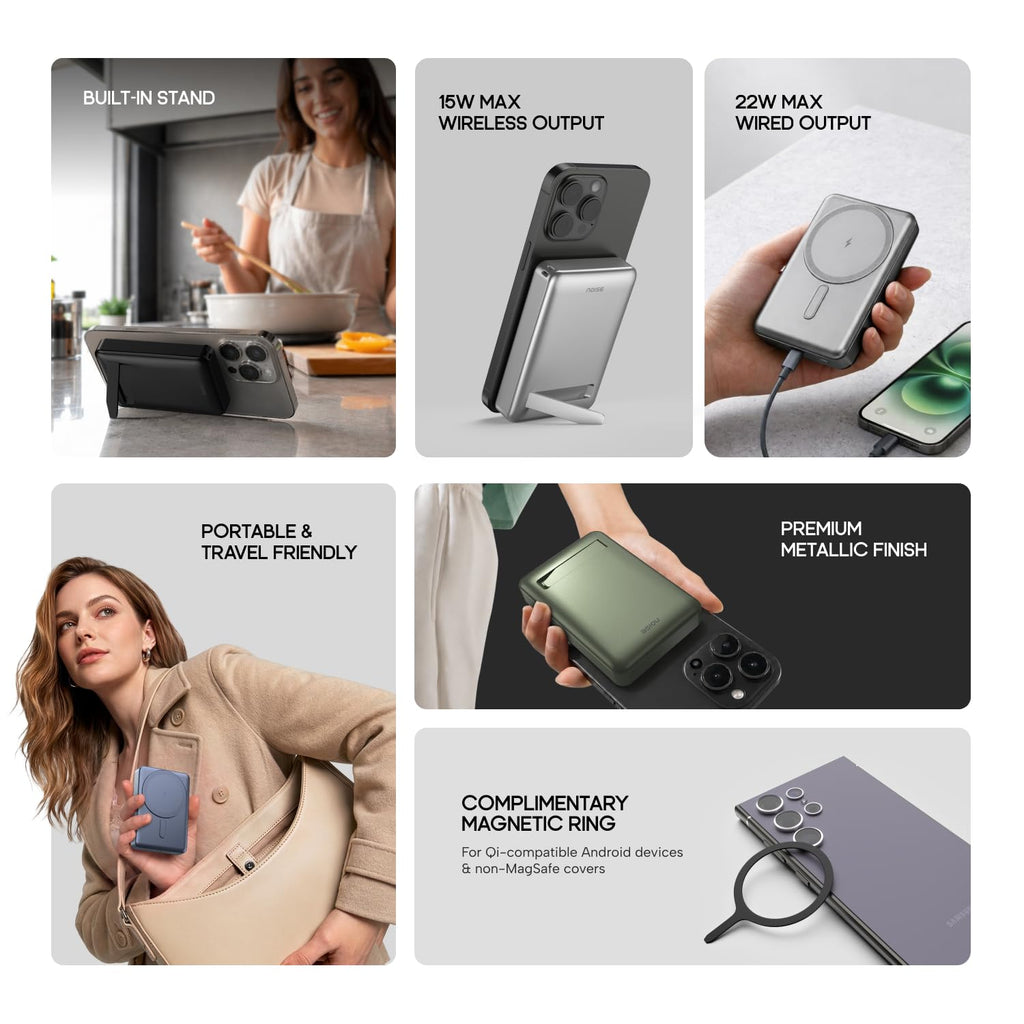 Noise MagSafe Wireless 10000mAh Built-in Stand Fast Charging Power Bank: 15W Wireless & 22W Wired Type-C Output, iPhone 12 & Above, Android (Qi-Enabled), Free Magnetic Ring, 1-Year Warranty (Green)