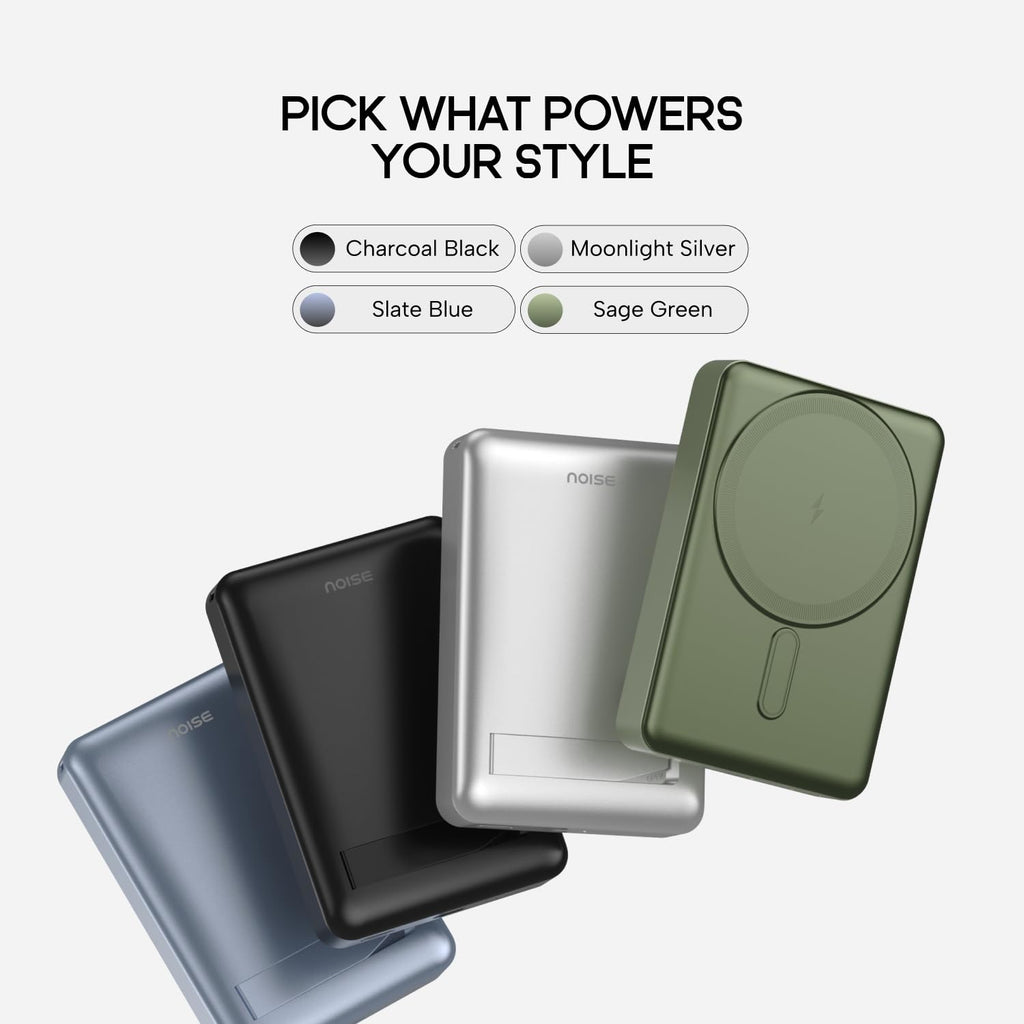 Noise MagSafe Wireless 10000mAh Built-in Stand Fast Charging Power Bank: 15W Wireless & 22W Wired Type-C Output, iPhone 12 & Above, Android (Qi-Enabled), Free Magnetic Ring, 1-Year Warranty (Silver)