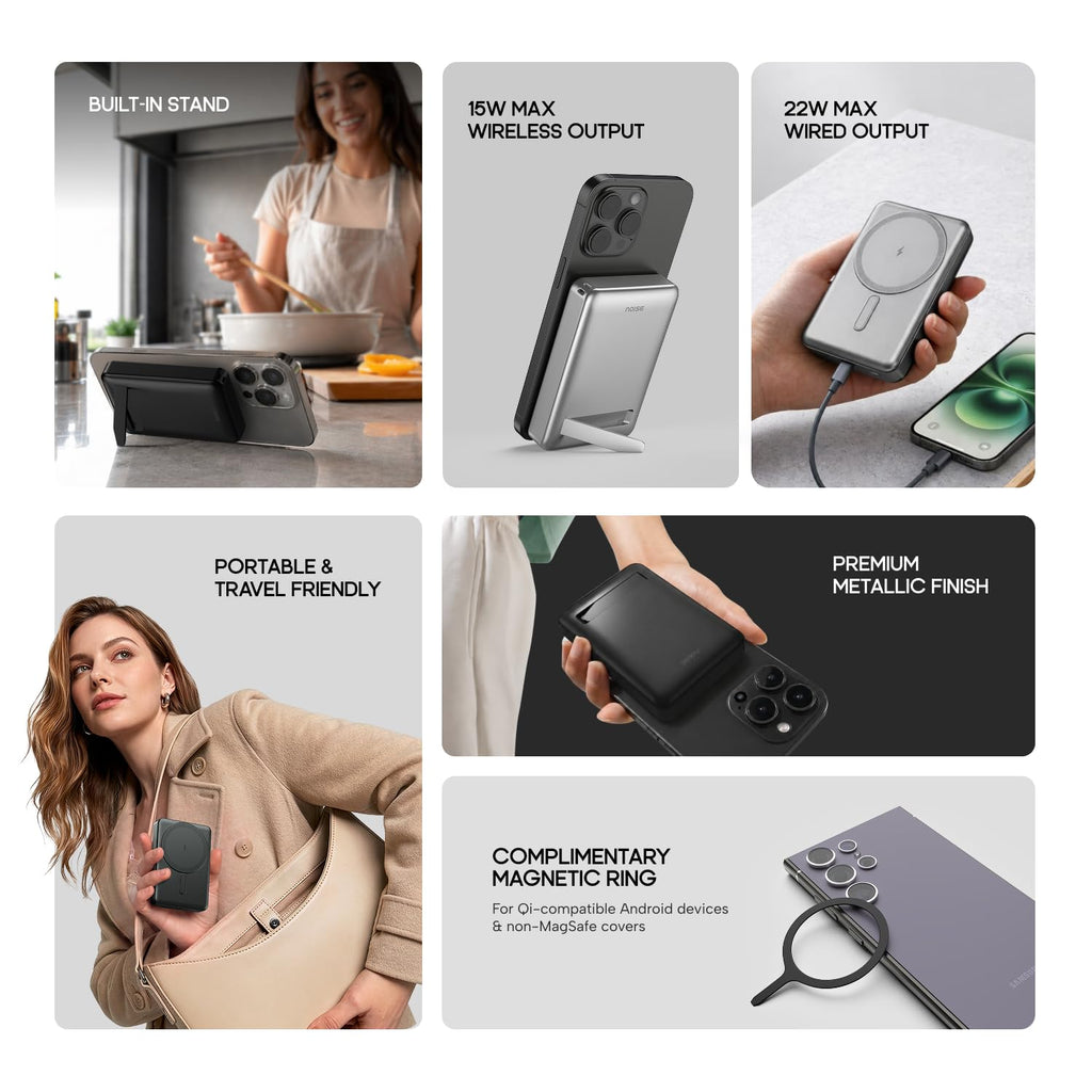 Noise MagSafe Wireless 10000mAh Built-in Stand Fast Charging Power Bank: 15W Wireless & 22W Wired Type-C Output, iPhone 12 & Above, Android (Qi-Enabled), Free Magnetic Ring, 1-Year Warranty (Black)