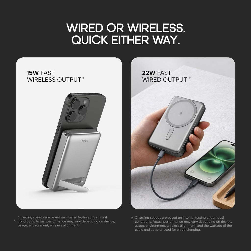 Noise MagSafe Wireless 10000mAh Built-in Stand Fast Charging Power Bank: 15W Wireless & 22W Wired Type-C Output, iPhone 12 & Above, Android (Qi-Enabled), Free Magnetic Ring, 1-Year Warranty (Black)