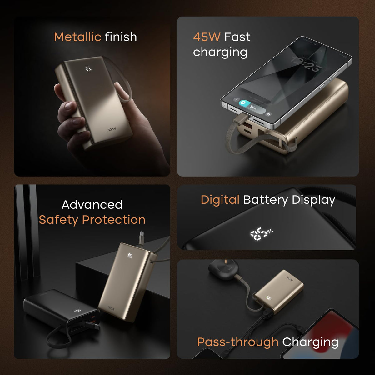 Noise Newly Launched India's 1st Power Bank 20000mAh 45W Ultra Fast Charging: Built-in Type-C Cable, Digital Battery%, Advanced Safety, Metallic Finish, Triple Output, BIS Certified (Titanium)