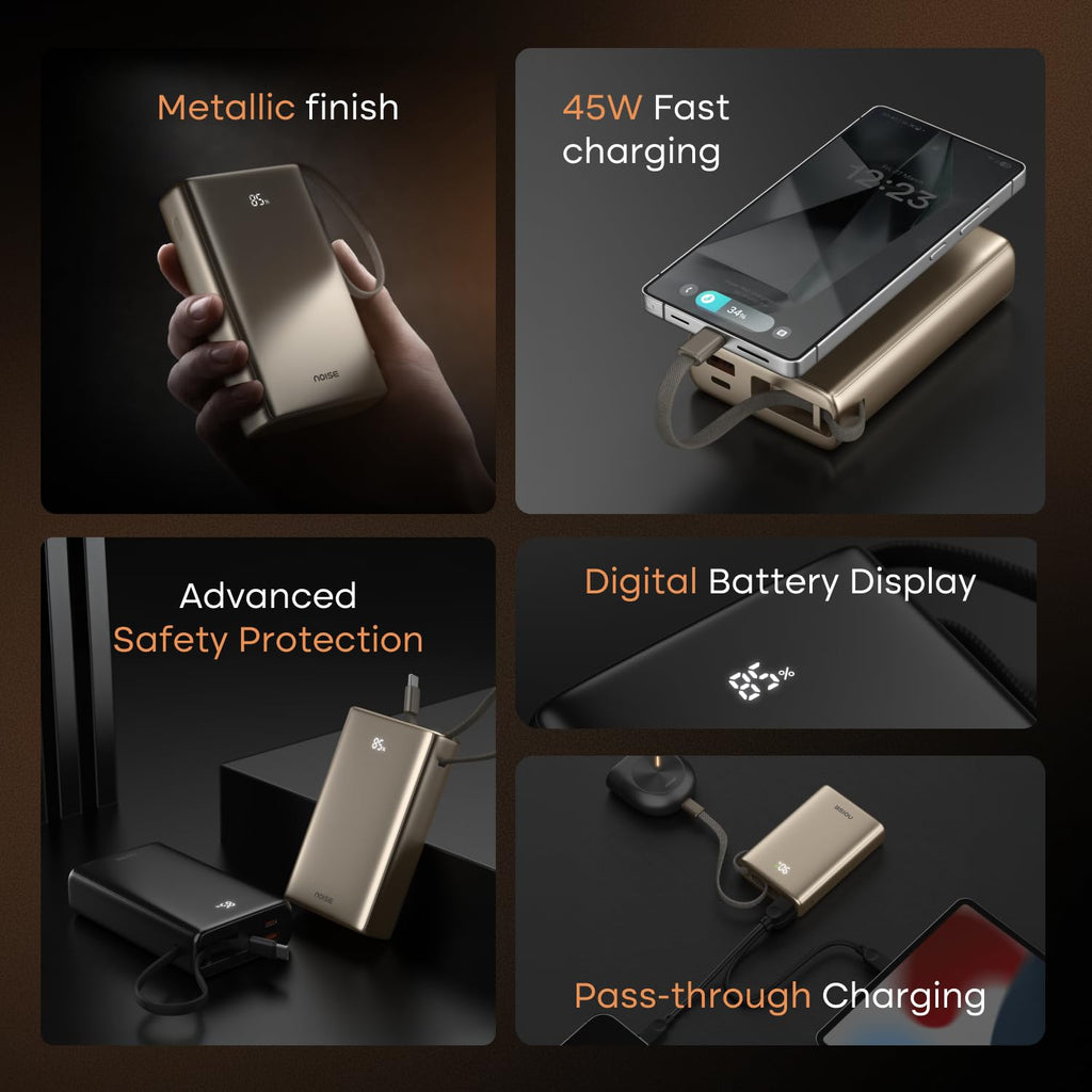 Noise Newly Launched India's 1st Power Bank 20000mAh 45W Ultra Fast Charging: Built-in Type-C Cable, Digital Battery%, Advanced Safety, Metallic Finish, Triple Output, BIS Certified (Silver)