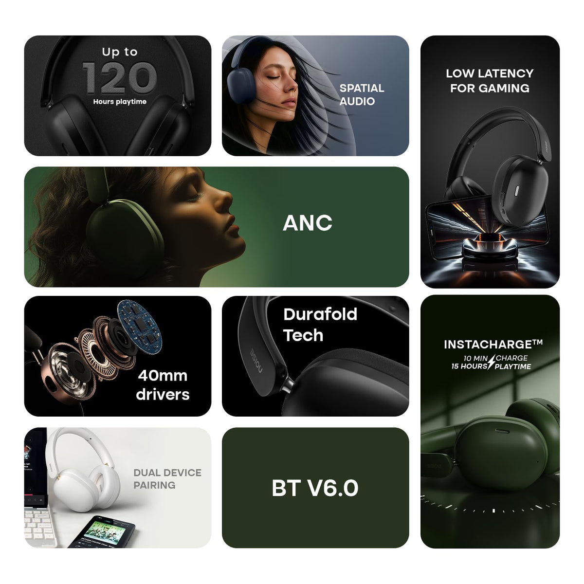 Noise Newly Launched Airwave Max XR Wireless Over-Ear Headphones with 120H Playtime, ANC, HFA Tech, Spatial Audio, Dual Pairing,BT V6.0(Forest Green)