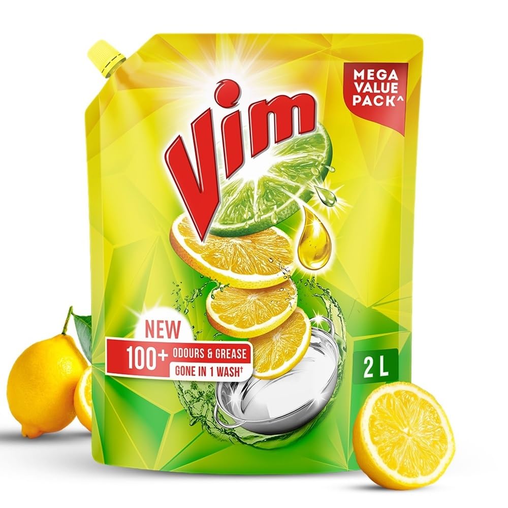 Vim Fresh Lemon Fragrance Dishwash Liquid Gel 2L Refill Pack|| Leaves No Residue|| Grease Cleaner For Utensils - Liquid Kitchen Soap Super Saver Offer