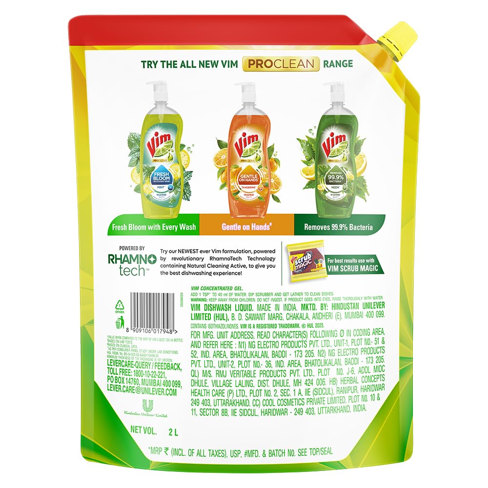 Vim Fresh Lemon Fragrance Dishwash Liquid Gel 2L Refill Pack|| Leaves No Residue|| Grease Cleaner For Utensils - Liquid Kitchen Soap Super Saver Offer