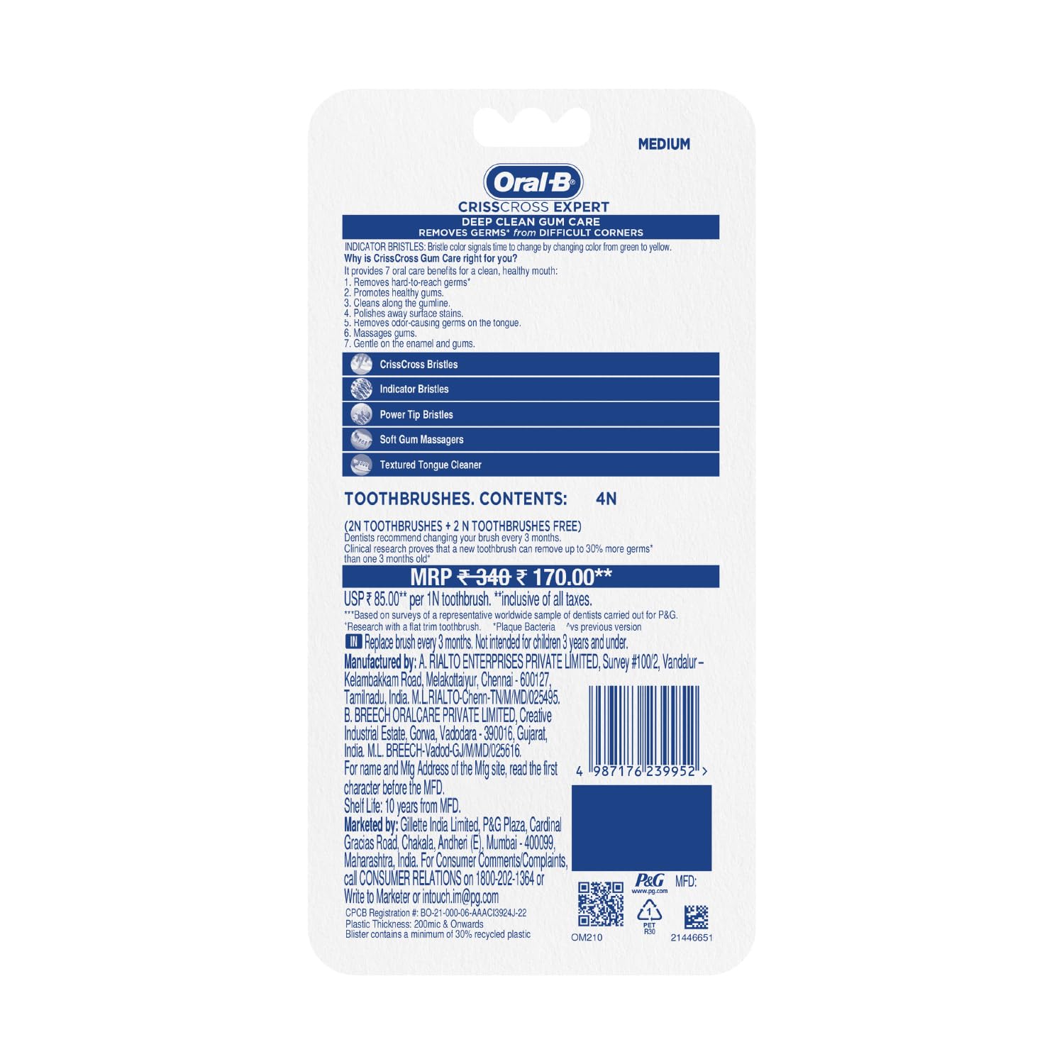 Oral-B Crisscross Gum Care Deep Clean Medium Bristles Manual Toothbrush  ( buy 2 get 2 free)