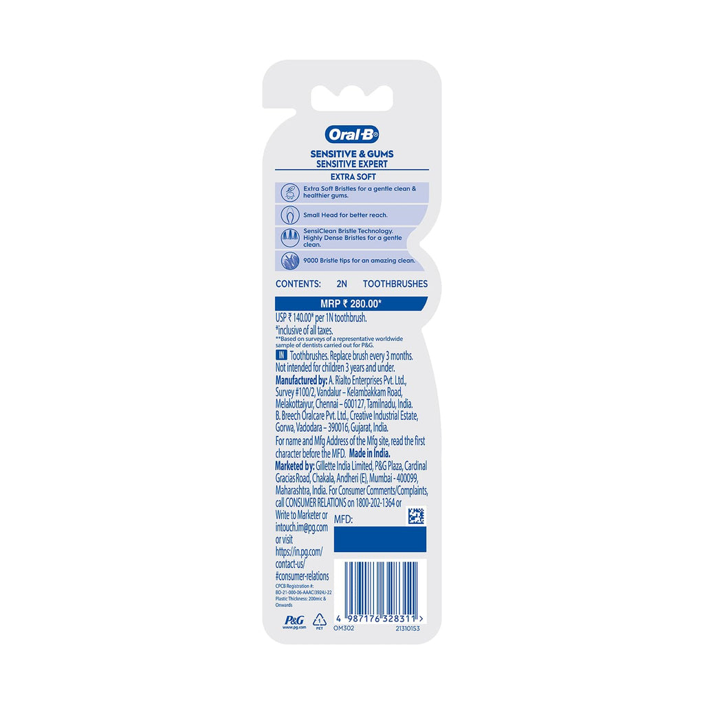 Oral-B Sensitive Expert Ultra Soft Manual Toothbrush pack of 2