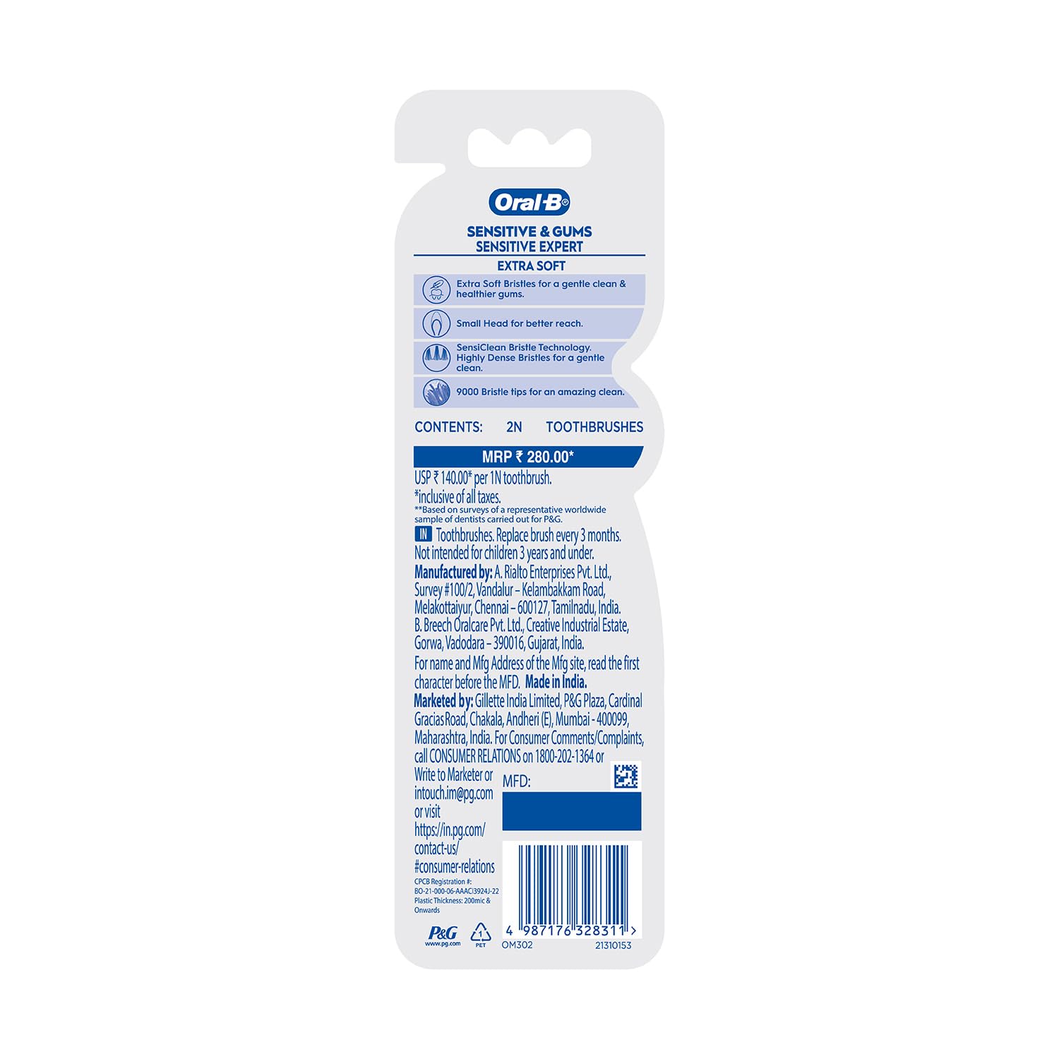 Oral-B Sensitive Expert Ultra Soft Manual Toothbrush pack of 2