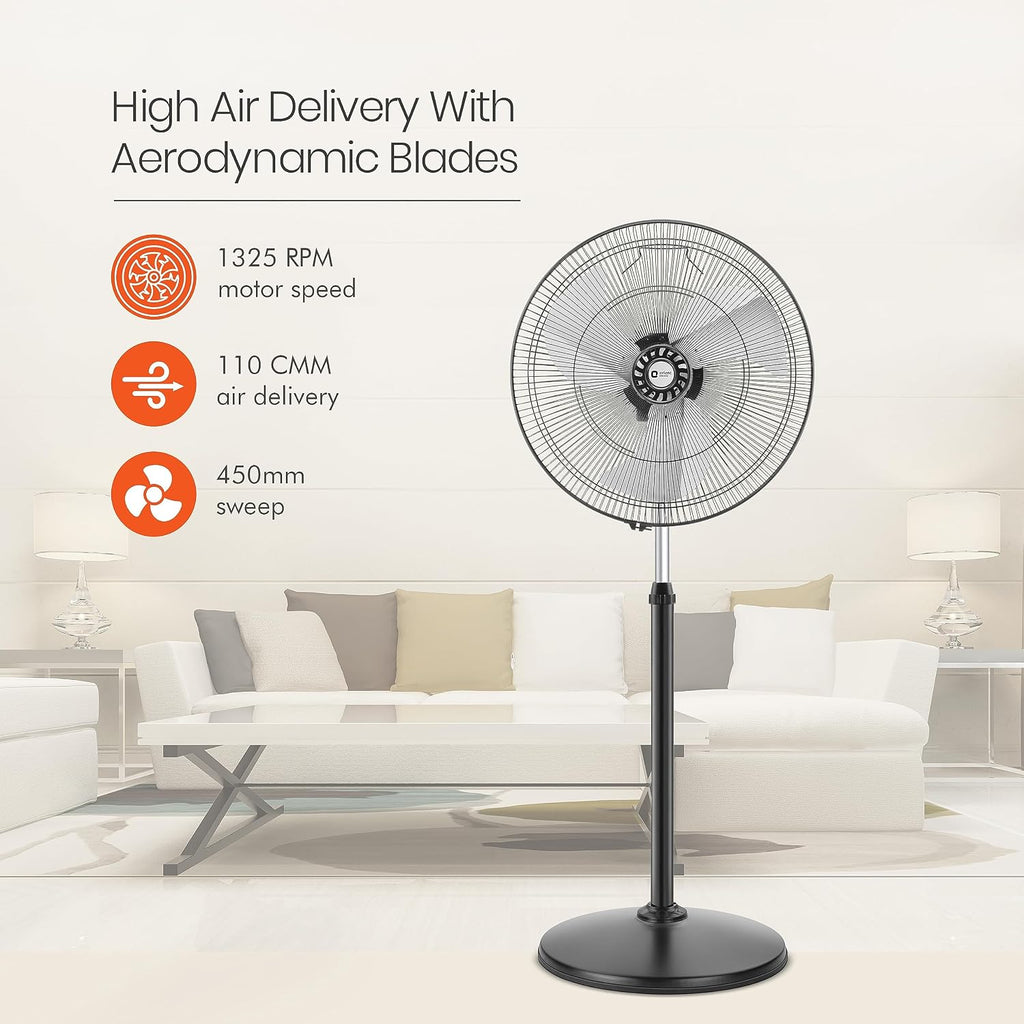 Orient Electric 450mm Tornado Pedestal Fan for home | Powerful Motor, High Air Delivery |3-Speed Control, High Speed Stand Fan | Metal Body, Telescopic Arrangement| 2 Years Warranty by Orient | Black